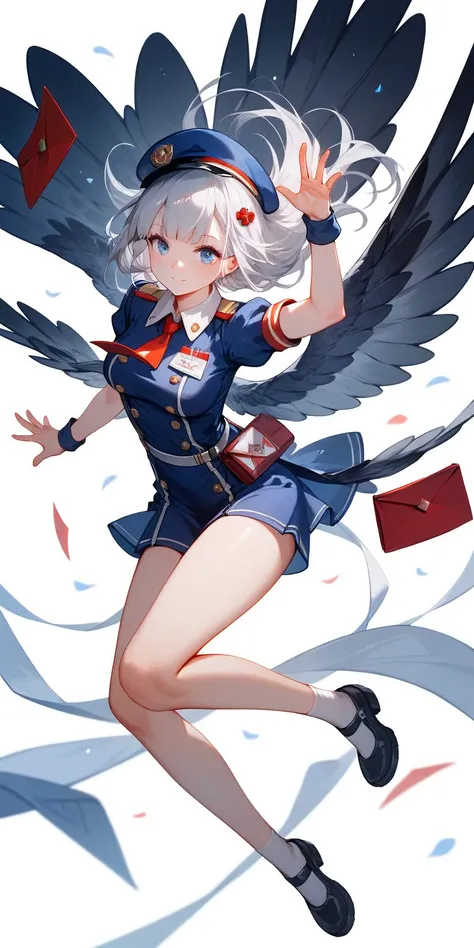 anime Pigeonwere girl,normal skin tone,Pigeon wings on the back,a Letter on her raised hand,70% skin exposure,silver hair,jump and flying pose with one leg and one hand up:2, Postman outfit,and blue eyes.Her face look Shy , Full-length shot against a white...