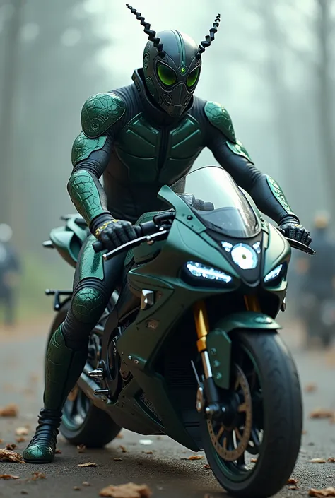 昆虫の仮面をかぶった男性の英雄が流線形の motorcycle、red and blue pattern , wearing a black rider suit , slender , perfect eye details ,Green protectors on shoulders , green protector on the torso ,バックルにwind車が付いた大きなベルト,Intricate belt , My body is shining blue in places,Transfo...