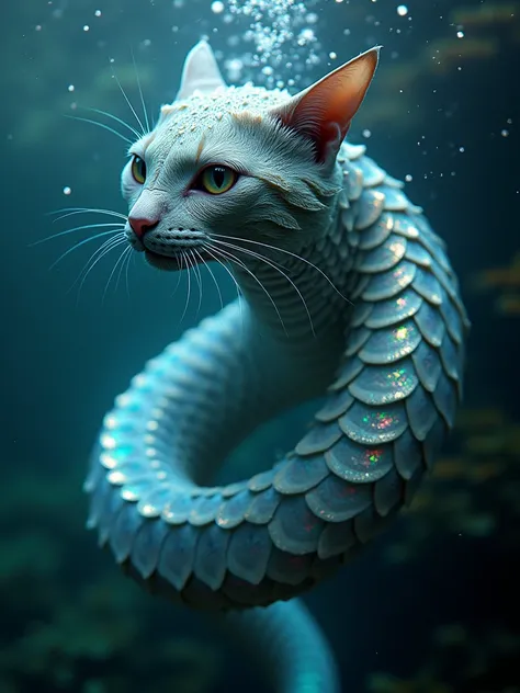 realistic photography of an insomniac nature-hybrid cat head + alienoid serpent monster with iridescent skin and playing underwater  , detailed eyes and iridescent scales, iridescent, glittercore , mystic light waves and particles, grainy , light leak, chi...