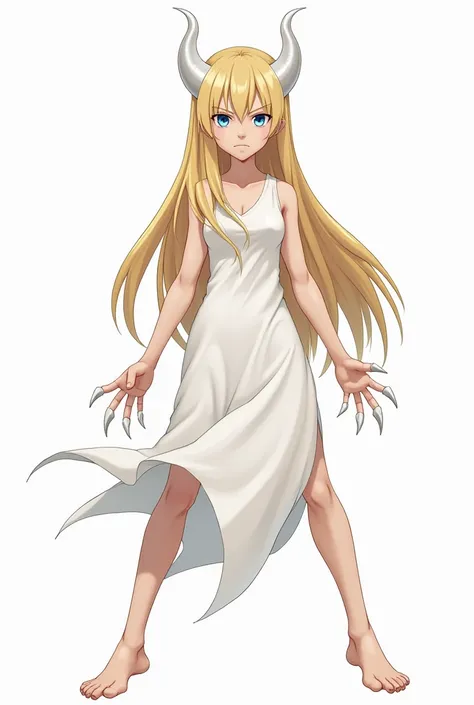     young adult with long and straight blond hair,   Blue Eyes, white horns  ,     white dress     , claws a bit large and sharp ,    in battle position    ,Serious look,on white canvas   ,2D anime version   