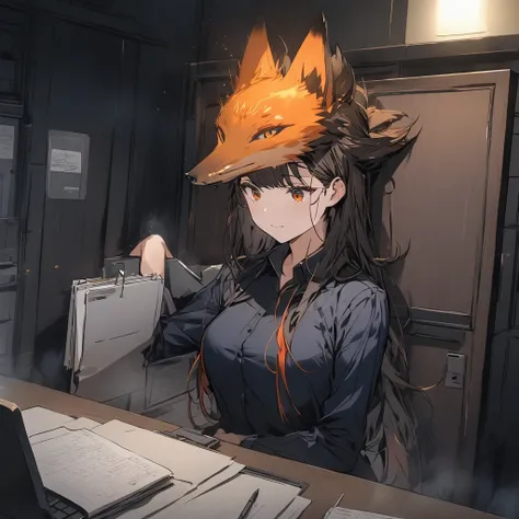 company employee,Sit and work,Notebook,nighttime,There is a fire element fox sitting on its head , A fox woman peeking behind a door