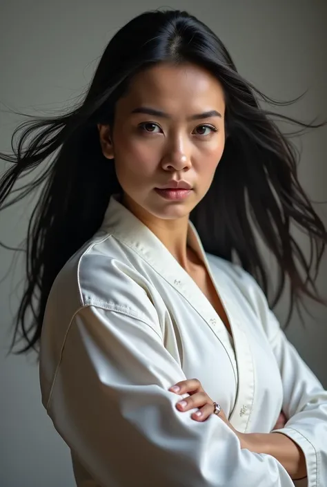 Create a portrait photo of a female Wing Chun Sifu. To be used in a Wing Chun gym. Look like a Turk. Have black hair and brown eyes. Make a real photo.