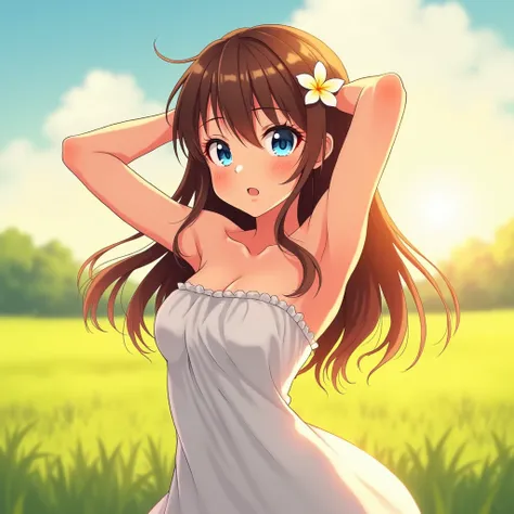 anime girl with long hair, strapless summer dress, sleeveless dress, strapless dress, white towel-like dress, hair behind shoulders, flower in hair, somewhat athletic figure, strapless, blue eyes, brown hair, strapless, detailed collarbones, in a field, su...