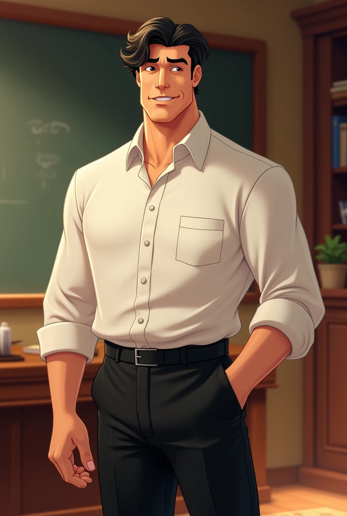 Disney-style male teacher, tall black hair with white sleeved shirt and black fabric pants