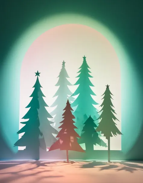 Shadow art, silhouette art, mix of paper cut out art and shadow art, everything except the shadows is colored with colored cellophane. Christmas background image with lots of Christmas details, A gradient background of pale greenish blue, whitish pink and ...