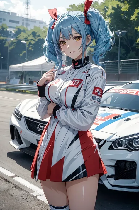 (standing in a motorsport racing)、(anime style:1.7)、(swayback stance:1.5)、 absurd ,  super detailedな,(In 8K:1.3),Masseter muscle area,(masterpiece:1.2)、( top quality)、4K、 super detailed、(Movement Structure:1.4)、( Shining Light、Atmosphere lighting),  high d...