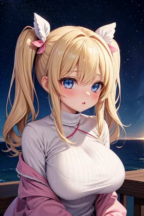  1 Beautiful Girl,20 years old, high definition , anatomically correct, medium hair,Big Breasts, with very big breasts , Light blush,  blue eyes,Blonde, twin tails, starry sky , Looking up at the sky,Warm clothes