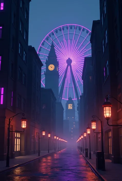  An image of a city where its always night with dark tall buildings with purple windows and with lanterns and lamps with the clock tower, you can also see a Ferris wheel in the distance that shines with colorful lights in the style of unreal engine 4 .