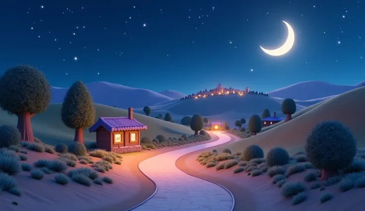 3D cartoon, road to Bethlehem at night, no people