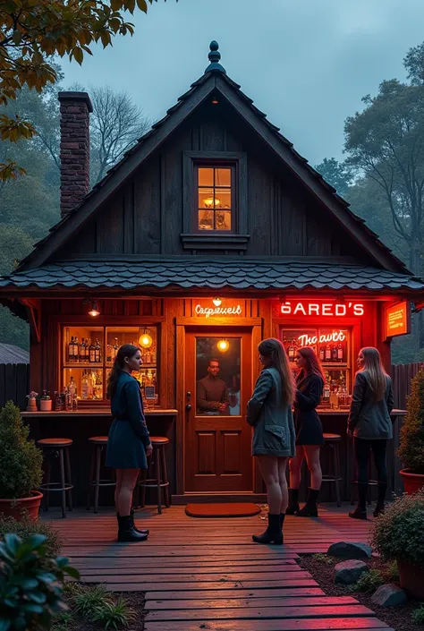 Lato Baari-named small wood made yard cottage bar pub with neon lights military style ladies outside the bar