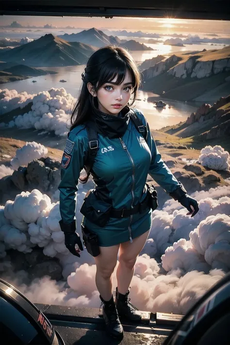 Detailed full-body portrait of a female sniper,null,Above the Clouds, cinematic lights, dramatic ,Moody, vibe,beautiful,Intricate details,masterpiece,birds-eye view, wide shot