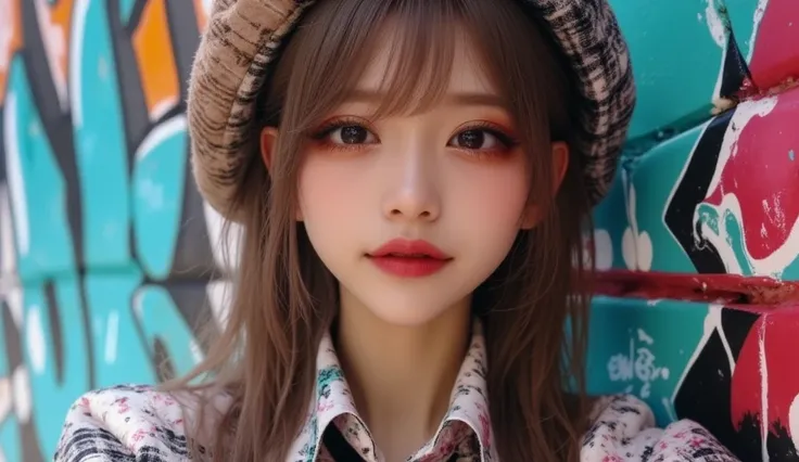 (masterpiece, Best picture quality, 8k), Real photo,Idol appearance, adult,  perfection of fashion,  Korean Makeup, Lip Tint, whole body,frontal,Outdoor,A faint smile,New York back alley,Graffiti, Exquisitely Painted , Realistic,  ultra high definition ,  ...