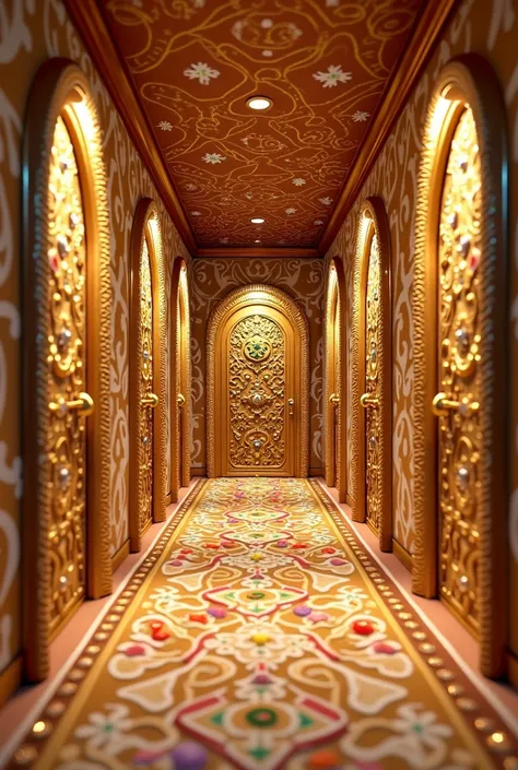 Decorating 5 doors of a gilded gingerbread house hallway 