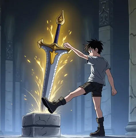 “Create an anime-style illustration depicting a young character in casual clothing confidently kicking a huge glowing legendary sword embedded in a stone pedestal. The sword emits a glowing golden aura, symbolizing its immense power and mythical status. Th...