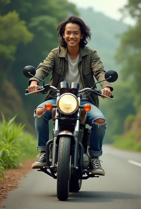 (photorealism:1.2),  a young Indonesian mans face friendly hair gondrong jacket jeans ripped jeans knee shoes Allstars riding moto GP.on the road of a beautiful nature reserve 