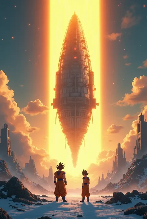  An immense Saiyan ship descends from the sky ,  its metallic structure shining with the golden light of the merging of the worlds. The portal continues to expand ,  generating a distortion in reality .  Goku and Vegeta observe the ship attentively ,  its ...