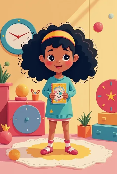  An enchanting minimalist style illustration ,  inspired by the animated Blues Clues .  The character Lilo is a young woman with curly and voluminous hair,  designed with rounded and soft shapes ,  and a colored headband .  She has a friendly smile and exp...