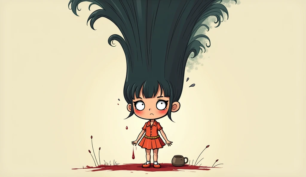 a woman with high hair is bleeding, chibi cartoon style.