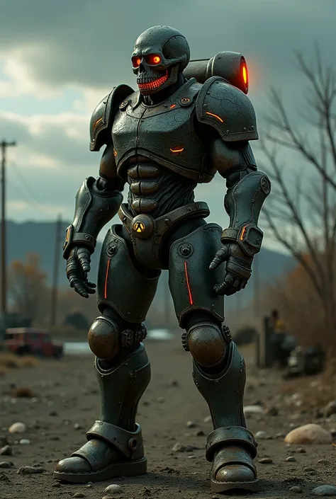 A hyper-realistic photograph of a customized Power Armor from Fallout 76, featuring a skull-themed helmet that blends the terrifying with the functional. The armor is weathered, with dark, matte metallic plates streaked by rust, scorch marks, and remnants ...