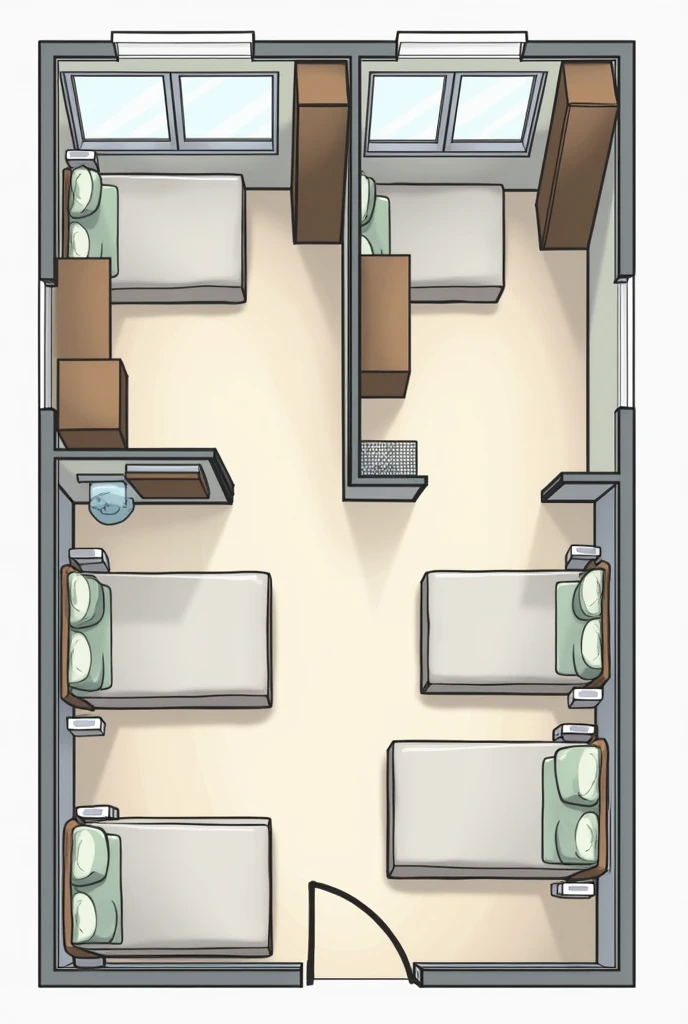 Layout:
Beds: Position the three beds along one side of the room, each bed parallel to the other with enough walking space in between. This gives a sense of order and provides each person with their own area.

Almirahs (Wardrobes): Place the three almirahs...