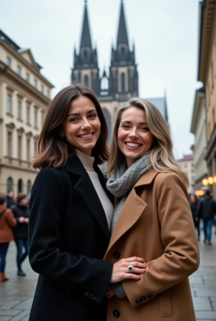  A beautiful European French-looking woman ,  medium length dark brown hair ,  38 years old ,   standing in the kitchen with her girlfriend , 48 years, grey blonde long hair, on Cologne Cathedral Square in December,  in the background Cologne Cathedral ,  ...