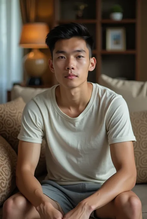 ( high quality , 4k, hdr)  A handsome Malaysian man, 18 years old, short haired,  wearing a t-shirt and boxer , Furniture on the sofa in the livingroom, facing forward, (realistic,  very detailed)