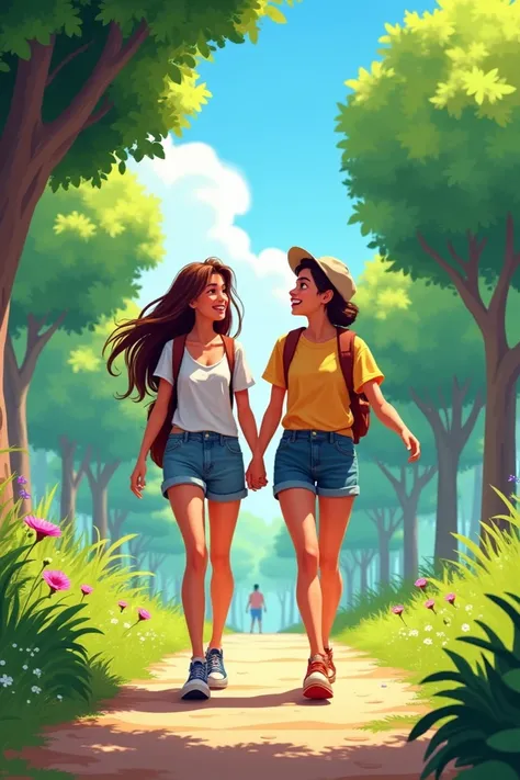 first illustration:**  Alex and Sofía walking in the park with a cheerful and colorful atmosphere, with lush trees and clear skies .
