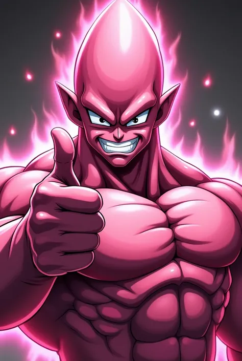 score_9, score_8_up, (masterpiece:1.3), (best quality:1.3), (highly detailed:1.3), (vibrant colors:1.2), powerful humanoid character with pink, muscular skin, distinct cone-shaped head, inspired by Majin Buu from Dragon Ball Z, making a thumbs-down gesture...