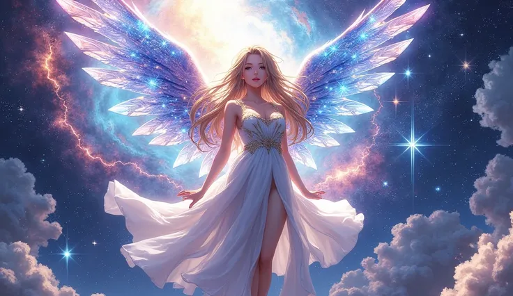 ((masterpiece)), ((best quality)), ((ultra-detailed)), 1girl, solo, (angel wings:1.3), floating in space, galaxy background, (cosmic nebula), shooting stars, floating crystals, detailed flowing dress, detailed flowing hair, chromatic aberration, volumetric...