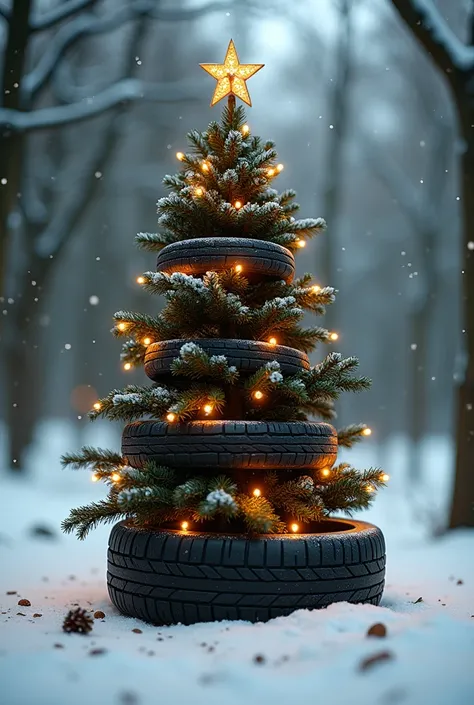 Create a PNG image alluding to Christmas but let the pinheirinho be made with realistic car tires and little lights around