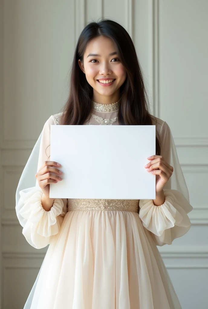 Beautiful girl with straight long hair, muslimah tutu dress, holding a white board with text "wellcome to EFC" and showing it to the viewer