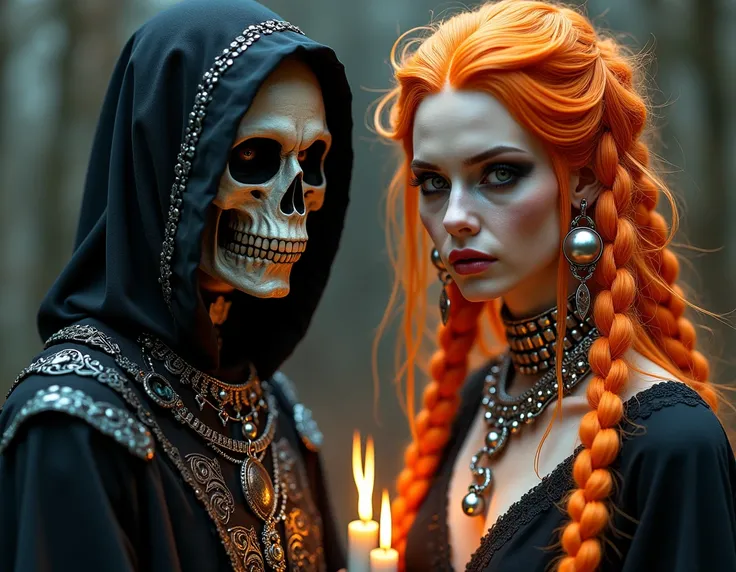 two people with silver ornaments and necklaces .  the face of a hooded skull man and the face of a diabolical gothic woman both looking forward with long orange hair with braids instead of many candles 