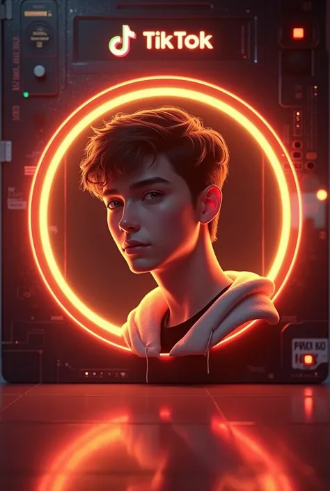 Prompt: Create a TikTok profile on glass id card displaying TikTok logo and realistic profile photo of a teenage boy in circle, Boy wearing casual cloths and "@boombakklat" is written in bold fonts under the profile photo, the TikTok card is glowing in Gol...