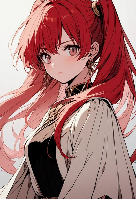 Only face to be shown, beautiful anime woman, red hair, long twintails, wearing light warrior costume, in her 20s