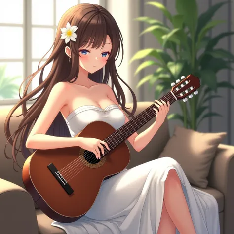 anime girl with long hair, strapless summer dress, sleeveless dress, strapless dress, white towel-like dress, hair behind shoulders, flower in hair, somewhat athletic figure, strapless, blue eyes, brown hair, strapless, detailed collarbones, in living room...