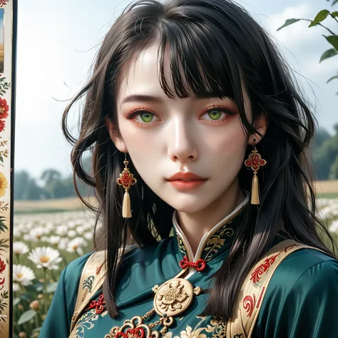  1 girl, Actress,  Handsome,   Chinese Armor, ( full body portrait),  dark haired,  Fluttering Hair ,  Delicate Eyes, Black and green ancient silk Hanfu, Field of view, (f1.8), (masterpiece), (Portraits), [ front photo,  white background, ( Movie Posters )...