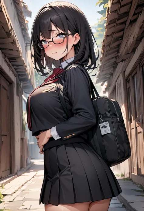 (  Masterpiece  ,   top quality:1.2), 1 girl, Alone,  expressive eyes, Glasses, Walk with a student bag on your shoulder,  Female College Student,  Short Black Hair , Big tits uniform, from beside, cowboy shot, Droopy eyes, blush