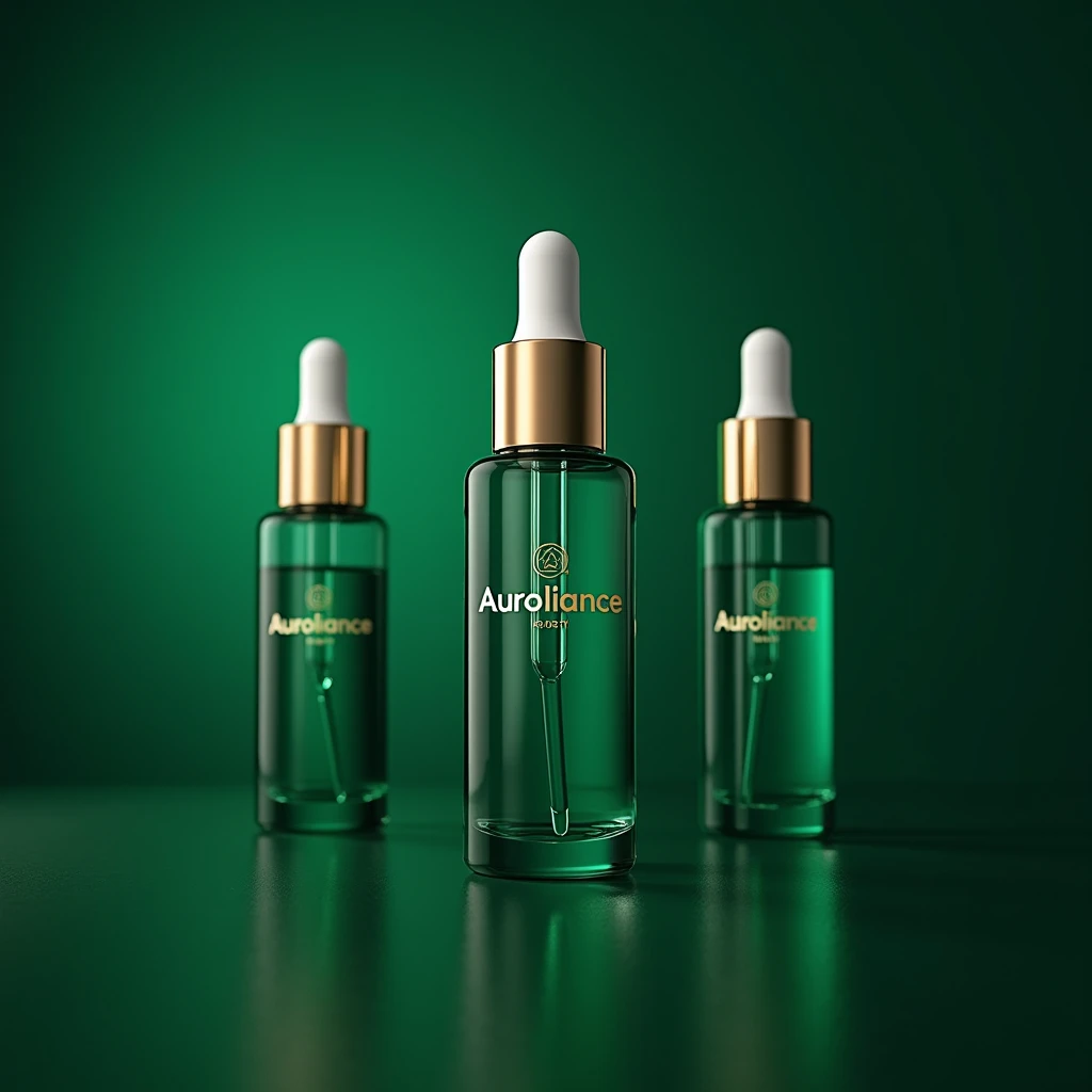 Make a serum in Glass Dropper Bottles container. Our brand name is Auroliance. Make this name visible clear viewable. Use emerald green color as bg. Make it look aesthetic attractive premium.