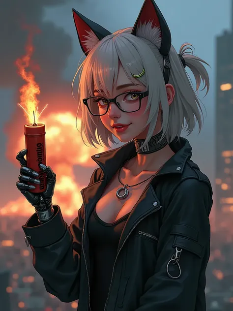 ( Cybernetic goth girl with light dye hairs,  Cybernetic left hand  hold dynamyt burning wick),  dark glasses,  rim with false cat-hears, (tattooed hand), ((   flushed reddened cheeks, cheerful laugh )),  (background   nuclear explosion at night city with ...