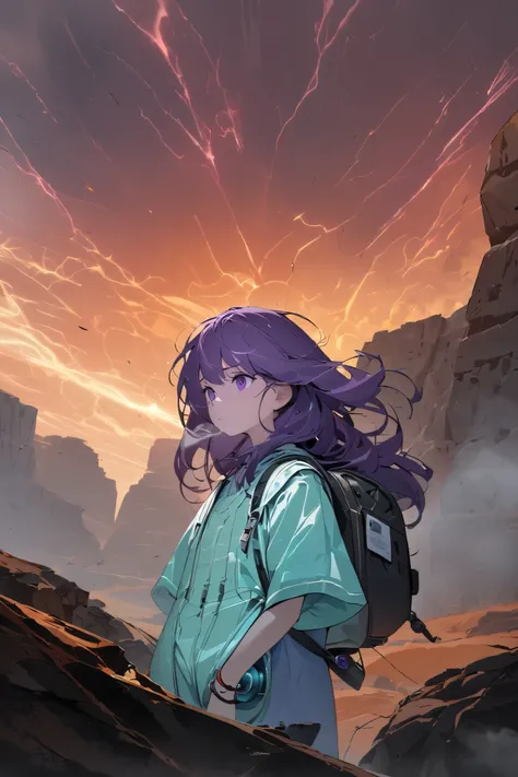 Solo, upper body, from sode, nervous expression, Girl aiming telescope at sky, purple eyes, purple hair, long hair, hair blowing in wind, swept, bangs, thin, green tinted goggles, wearing white open jumpsuit, blue tank top, large backpack, bracelet emittit...