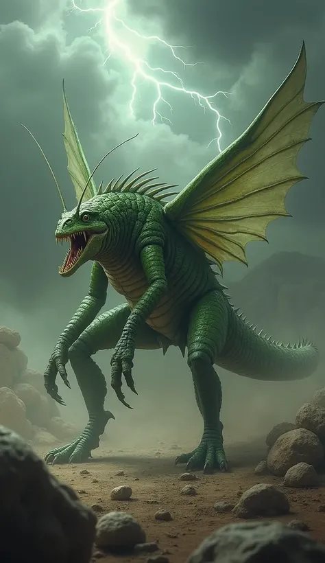 "Design a hybrid creature combining the features of a [grasshopper] and a [crocodile] into a single, monstrous entity. The creature should have the elongated body and strong limbs of a crocodile, but with the insect-like, segmented legs and antennae of a g...