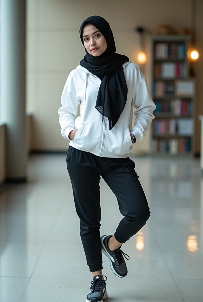 give me a picture of a person doing plunk exercise, the person should be wearing black hijab, jogging pants and a white hoodie, make it like thin university student look like and by the way do not use high resolution picture just give me a pciture with 340...