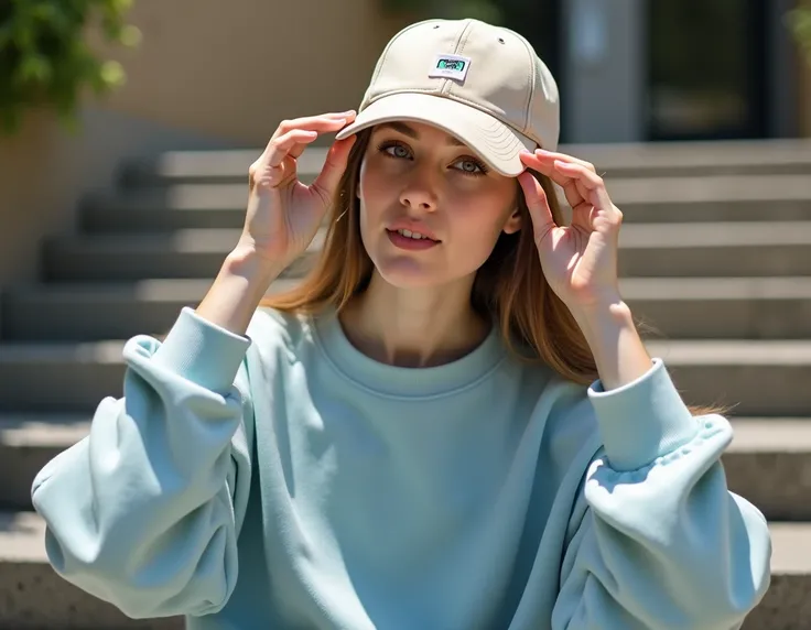  A young woman with long light brown hair ,  wearing a light beige cap personalized with a minimalist logo and a light blue sweatshirt. Shes outdoors,  sitting on stone stairs under natural sunlight ,  adjusting the cap with her hands .  The scene should b...