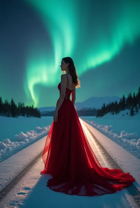 a woman on a runway in front of the Northern Night wearing a long red dress 