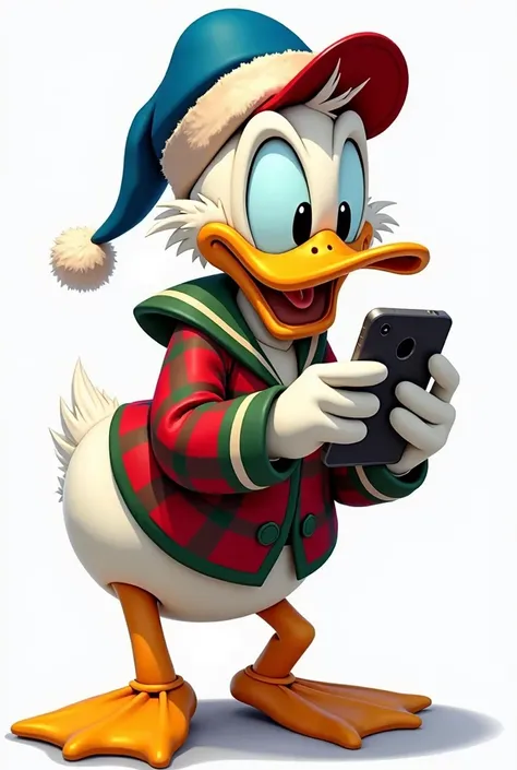  Donald duck cool dude,  with her phone in the hands of , telegram avatar ,  dressed for Christmas on a transparent background with nothing