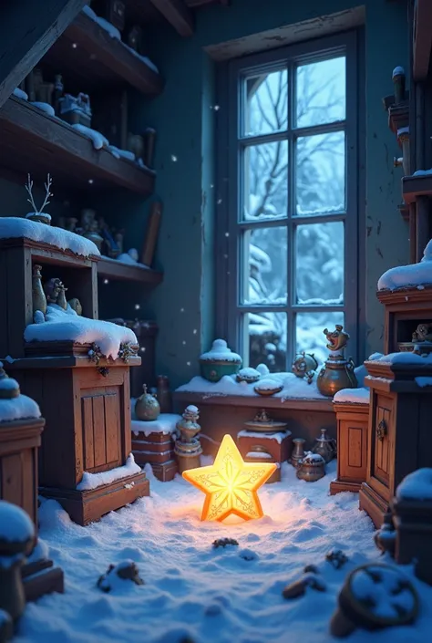 Dusty attic, snowy window ,  behind several hidden objects ,  one stands out with a slight glow ,  and a star shaped like a snowflake,  magically stood out , Disney Pixar cartoon 