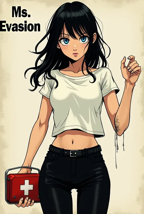 In the style of Junji Ito, Junji ito Manga type image, girl, tight white crop top, black leggings, serious, determined, bright blue eyes, radiant eyes, medium length hair, long bangs, carrying a medkit on her right hand, red medkit with white plus on it, s...