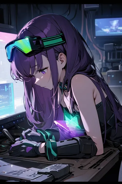 Solo, upper body, looking down at onyx crystal shard on desk, sitting, leaning forward, holding tool, gloves, Girl with purple eyes, purple hair, long hair, swept, bangs, deep in thought, thin, green tinted goggles on head, wearing dark purple strapless to...