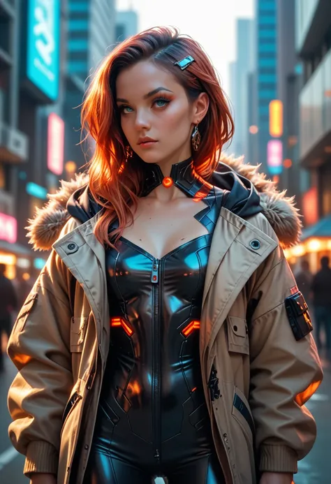 There is a woman in cyberpunk clothes and a hooded coat, she is in action and in the city full picture 