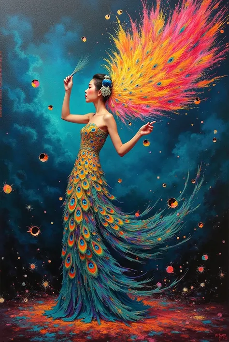 works of art combining impasto, grunge and stenci Visualize a world where deepest emotions and thoughts are manifested in tangible form. a Chinese woman wearing a dress with a majestic peacock feather motif, symbolizing the artists soul, uses its glowing n...